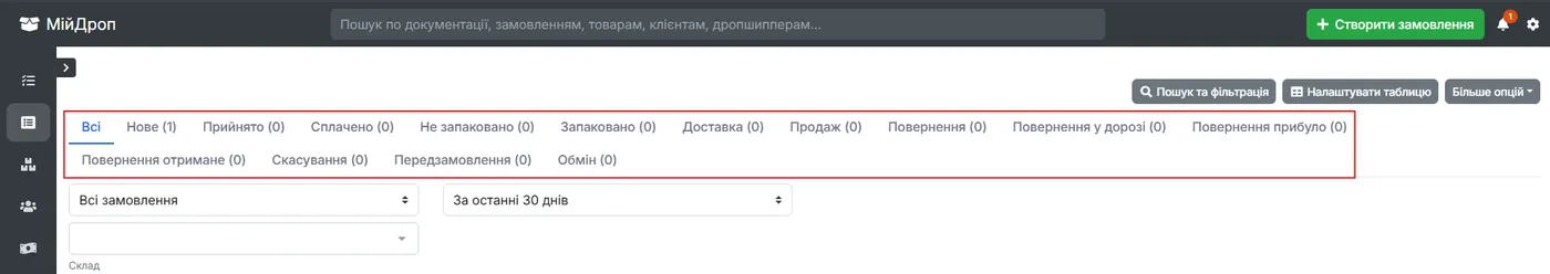 Горизонтальна панель фільтрації за статусами