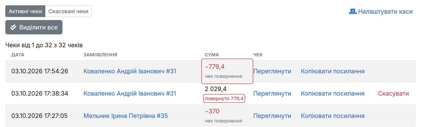 Чеки повернення в архіві чеків каси