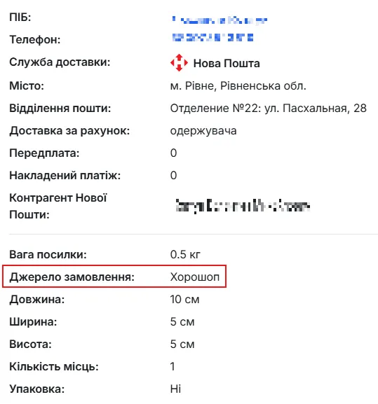Картка замовлення з джерелом «Хорошоп»